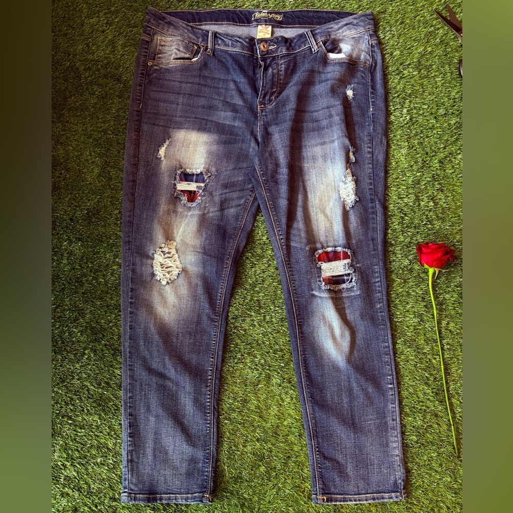 Faded Glory skinny jeans with distress and red plaid under